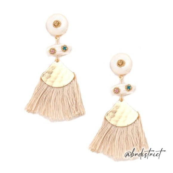 Metallic Triangle and Fringe Earrings - Beige - Picture 1 of 1
